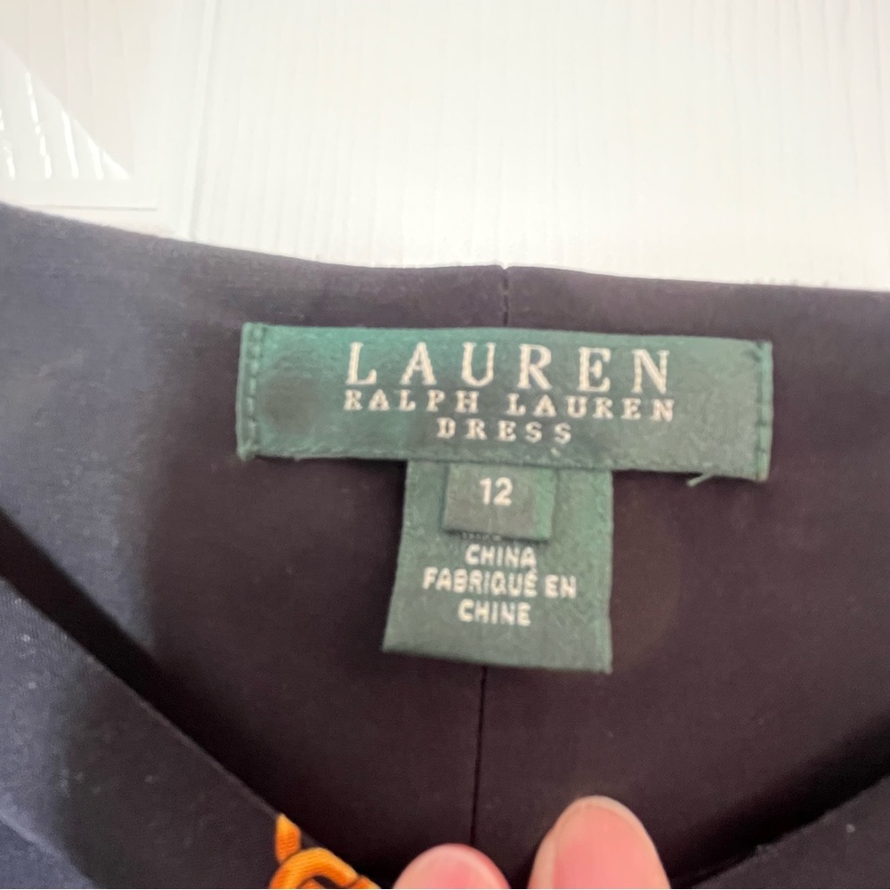 Lauren Ralph Lauren Black Sheath Dress with Gold and Blue Chain Print Size 12 - Picture 4 of 9